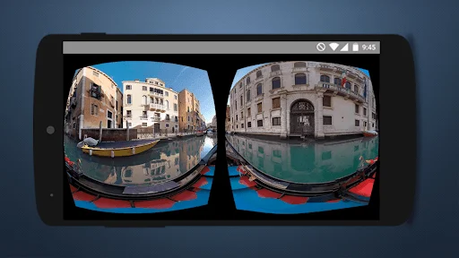3D VR Video Player displaying stereoscopic 360-degree Venice canal scene with gondolas and historic architecture for immersive headset viewing