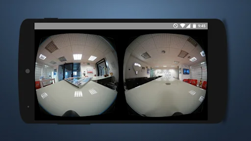 3D VR Video Player showing stereoscopic interior room 360-degree view with fisheye distortion for VR headset immersive experience