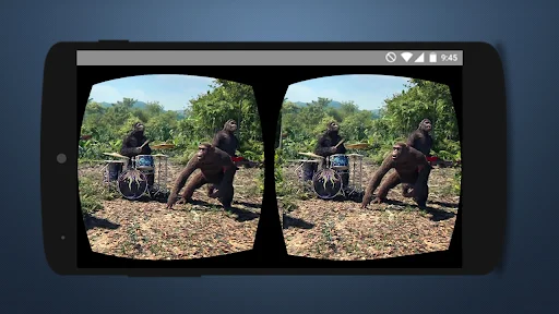3D VR Video Player displaying stereoscopic wildlife gorilla scene with drums and natural environment in 360-degree VR format