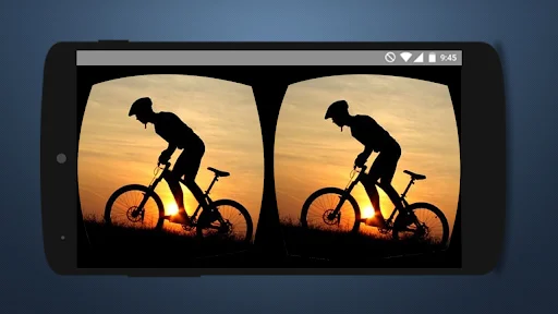 3D VR Video Player rendering stereoscopic sunset cyclist silhouette in 360-degree immersive VR video playback on headset