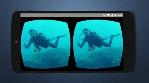 3D VR Video Player showing stereoscopic underwater scuba diver scene in turquoise ocean for immersive 360-degree VR experience