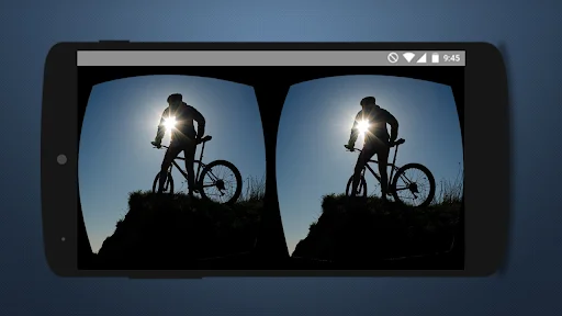 3D VR Video Player displaying stereoscopic backlit cyclist silhouette at dusk in immersive 360-degree VR video format