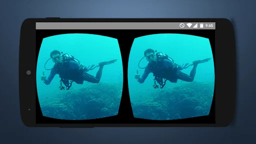 3D VR Video Player showing stereoscopic underwater scuba diving scene with diver in turquoise ocean for VR 360-degree immersion