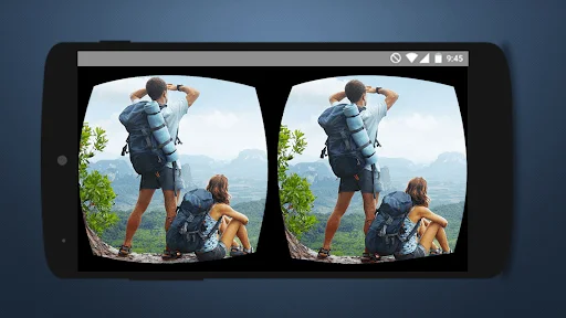 3D VR Video Player displaying stereoscopic hiking adventure scene with backpackers on mountain in HD 360-degree immersive format