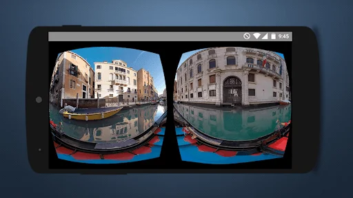 3D VR Video Player with stereoscopic Venice gondola canal view showing historic Italian architecture in 360-degree HD virtual reality