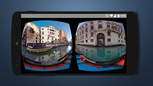 3D VR Video Player rendering stereoscopic Venice architecture and waterway scene in immersive 360-degree VR headset video format
