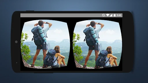 3D VR Video Player displaying stereoscopic mountain hiking scene with backpackers in 360-degree immersive VR video playback