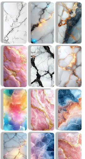 Grid of 12 aesthetic marble wallpaper designs featuring white, gray, pink, and gold marble patterns in various elegant styles for mobile personalization.