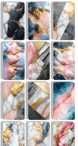 Collection of marble wallpaper thumbnails displaying luxury stone textures with gold veining, blue, pink, and black marble designs for phone customization.