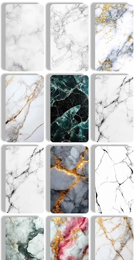 Array of marble wallpaper preview tiles showcasing minimalist white, gray, and golden marble stone patterns with natural veining for device backgrounds.