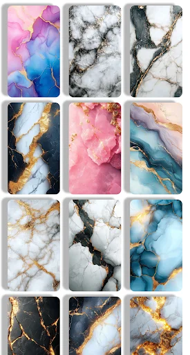 Marble wallpaper gallery showing gradient and watercolor marble designs in pink, blue, white, and gold tones for aesthetic phone wallpaper selection.
