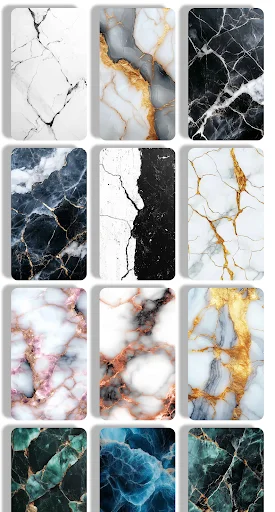Selection of HD marble wallpaper designs featuring cracked patterns, colorful veining, and stone textures in blue, pink, gold, and teal color palettes.