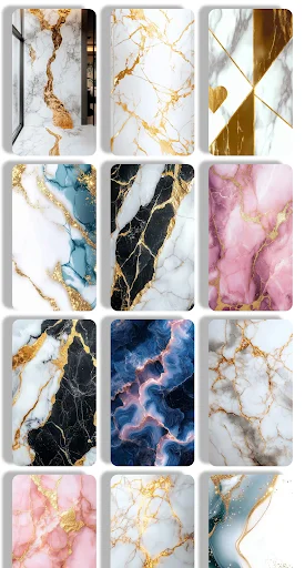 Grid of artistic marble wallpapers with gold-accented stone textures, watercolor effects, and ocean-blue marble designs for aesthetic wallpaper browsing.