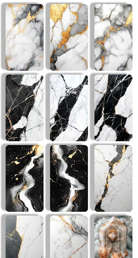 Showcase of bold marble wallpaper patterns including black crack designs, metallic gold veining, and geometric stone textures for mobile phone backgrounds.