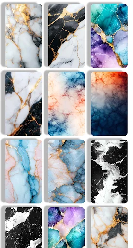 Collection of diverse marble wallpaper styles featuring ocean blue, purple watercolor, teal stone, and metallic gold-accented marble background options.