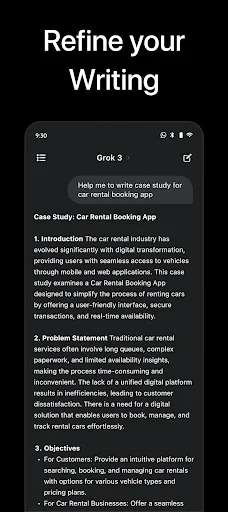 Refine Writing feature showing AI analysis of case study with organized notes and chat interface