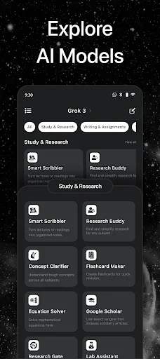 Explore AI Models page displaying various AI assistant options for different productivity tasks