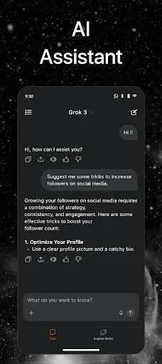 AI Assistant chat interface offering personalized help and social media growth optimization tips