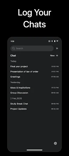 Chat history view with timestamped conversation list organized by date for easy reference