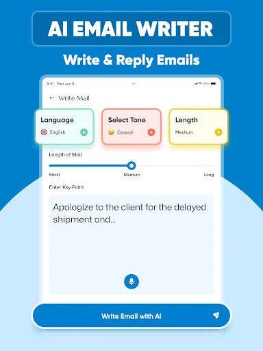 AI Email Writer interface showing language, tone, and length options for composing emails with AI assistance