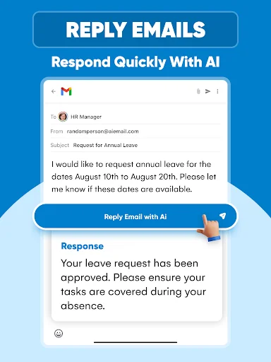 Reply Emails feature displaying incoming email from HR Manager and AI-generated response about annual leave request
