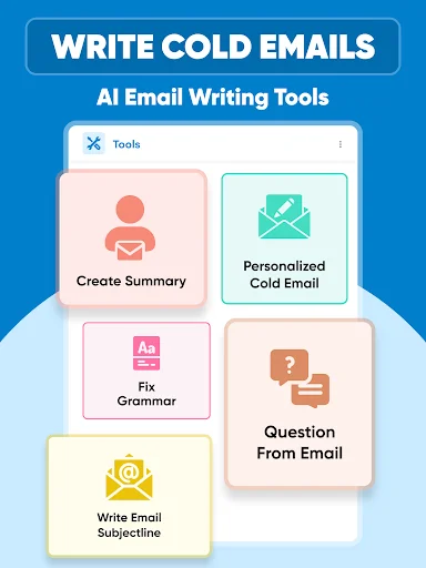 Cold Email Tools menu with options for creating summaries, personalized emails, grammar fixes, and subject lines