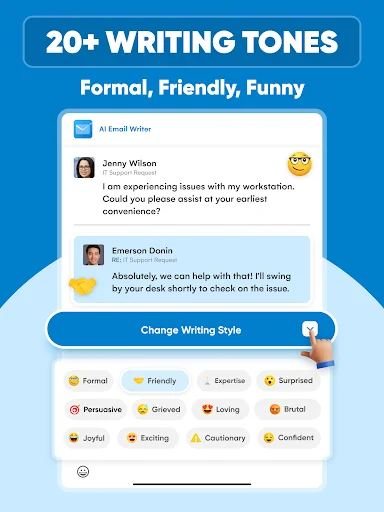 Writing tones selection showing 20+ email style options including Formal, Friendly, Expertise, and other tones for emails