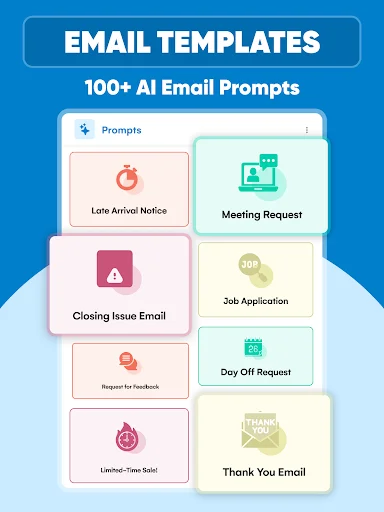 Email Templates featuring 100+ AI prompts for common emails like meeting requests, job applications, and thank you notes