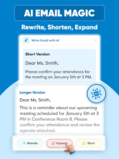 AI Email Magic tool demonstrating short, long, and rewritten versions of emails with rewrite and expand options