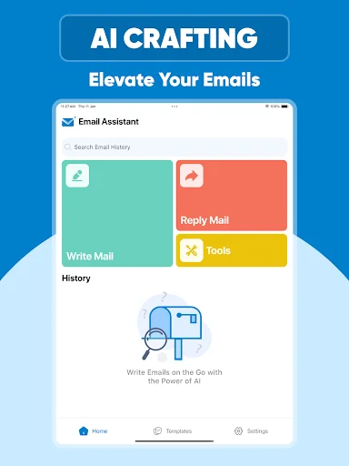 Email Assistant interface with Write Mail, Reply Mail, and Tools options for on-the-go AI-powered email creation