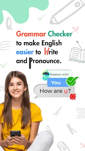 Grammar Checker app intro showing spelling and pronunciation correction features with example
