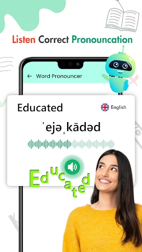 Word Pronouncer screen with pronunciation guide, phonetic spelling, and audio playback