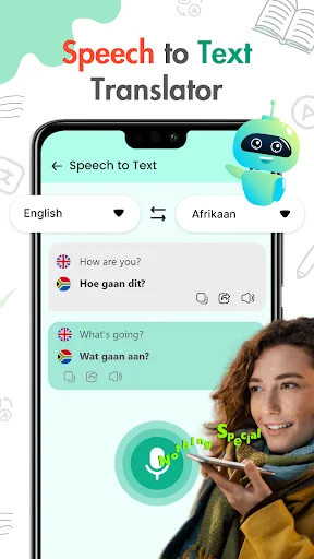 Speech to Text Translator converting spoken English words to Afrikaans text