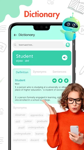 Dictionary lookup showing word definitions, synonyms, and example sentences for Student