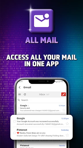 All Mail unified inbox combining Gmail, Google, and Pinterest emails in one app interface