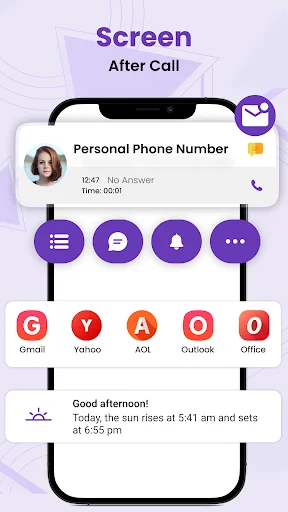 After-call menu screen showing contact details with quick-access buttons to email providers Gmail through Office