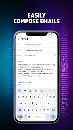 Email compose interface with keyboard visible, showing draft message ready for easy editing and sending