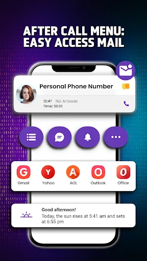 After-call screen displaying contact information with quick-access buttons to Gmail, Yahoo, AOL, Outlook, Office