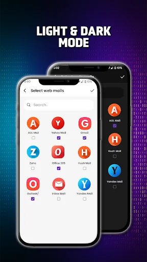 Light and dark mode theme options showing mail provider selection interface in both design modes