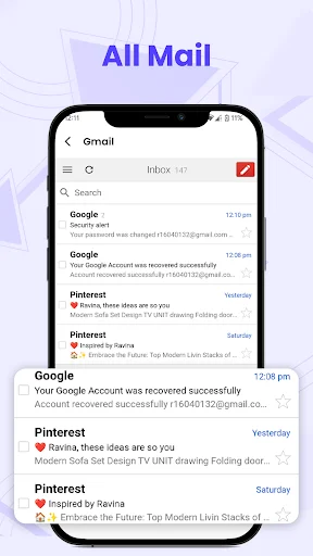 All Mail inbox displaying Gmail messages with consolidated emails from multiple providers in unified view