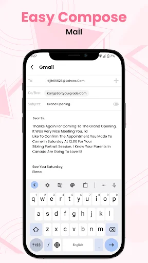 Easy Compose Mail interface showing email draft composition with keyboard and full formatting options