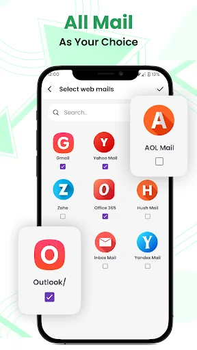 All Mail provider selection screen showing multiple email services including Gmail, Yahoo, AOL, Outlook, Hotmail
