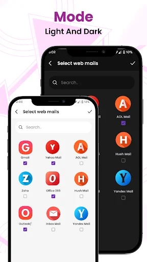 Light and dark mode themes comparison with mail provider selection displayed in both light and dark interfaces