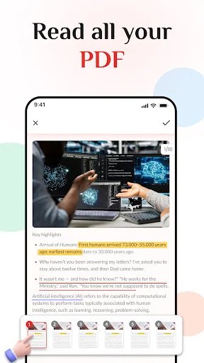 PDF document reader showing content with text, images, and navigation thumbnails on smartphone screen