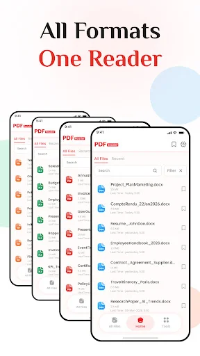 Multiple format document manager displaying PDF, Word, Excel, PowerPoint files unified in one reader