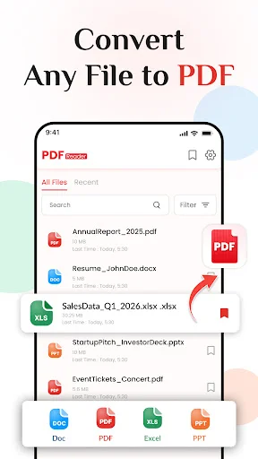 File converter interface showing document types for converting files to PDF format with multiple options