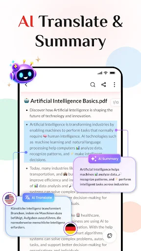 PDF with AI-powered translation and summarization features for intelligent document analysis and translation
