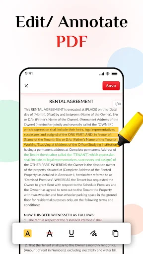 PDF annotation tool with highlighted text and editing toolbar for marking up and annotating documents