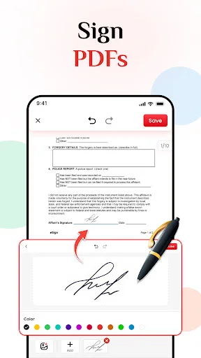 PDF signing interface with digital pen tool for electronically signing and authorizing PDF documents