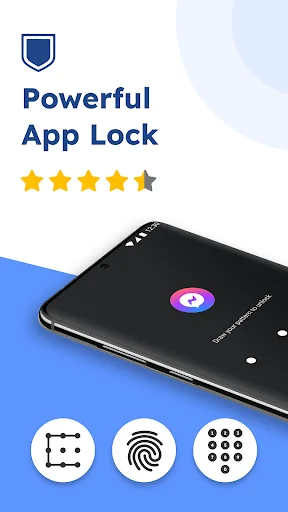 AHLock powerful app lock with 5-star rating showing fingerprint, PIN, and customization security options for apps
